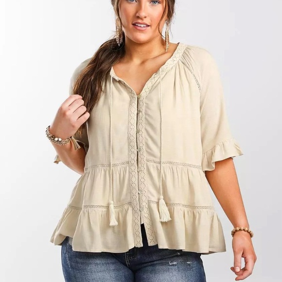 Miss Me Boho Tiered Lace Trim Tasseled Peasant - Picture 1 of 7